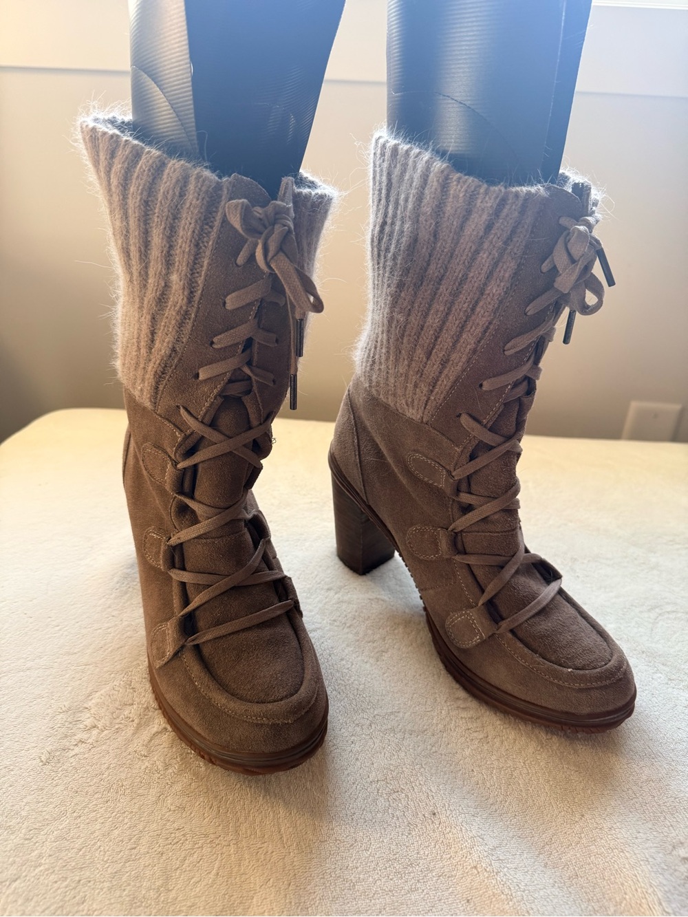 Pajar Taupe Suede Lace-Up Knit-Cuff Heeled Booties